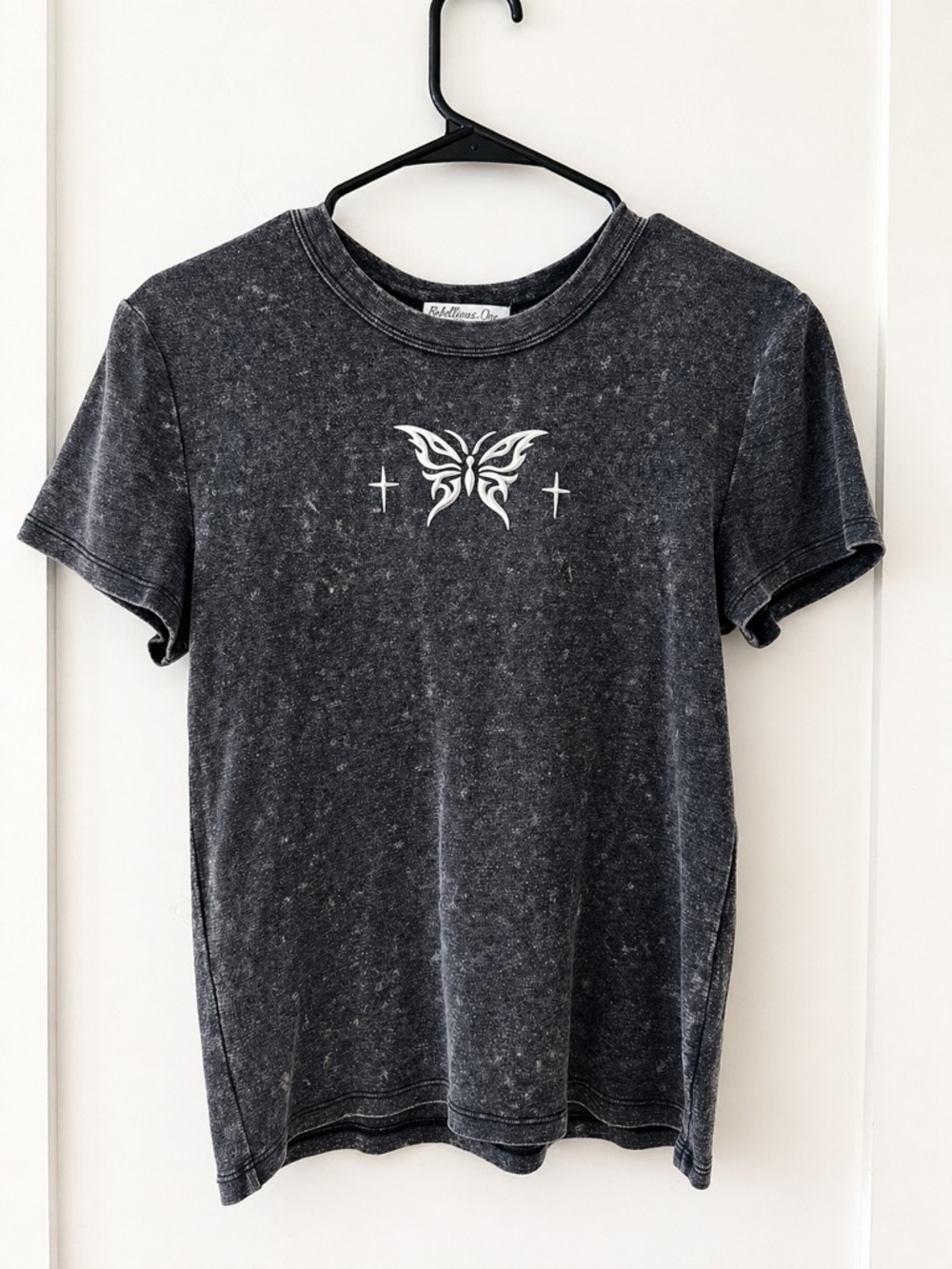 Rebellious One Black Mineral-Wash Tee with White Butterfly & Crosses